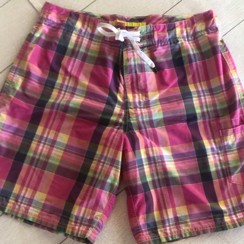 Men’s Swim shorts Polo Ralph Lauren 34 waist 9” inseam Unlined pink plaid LNWOT